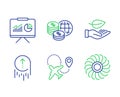 Swipe up, World money and Leaf icons set. Presentation, Airplane and Fan engine signs. Vector Royalty Free Stock Photo