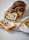 Swirl brioche with poppy seeds. Easter bread. Poppy seed braided or roll bread, Babka. Traditional Polish sweet