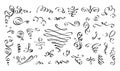Swirl calligraphic line. Flourish script border. Vintage outline ornament elements. Black ink spirals and scrolls Royalty Free Stock Photo