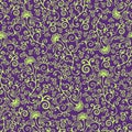 Swirl floral abstract seamless pattern, light green ornament with curls on purple background, bright colorful petals and flower