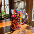 Swirl glass mug on wooden table. Squiggle blobby design, gen z trend