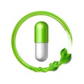 Green natural medical pill with green leaves. Pharmaceutical vector symbol with leaf for pharmastore