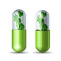 Green natural medical pill with green leaves. Pharmaceutical vector symbol with leaf for pharmastore