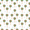 Swirl lollipop seamless pattern on white color background. Colorful vector illustration. Design template. Suitable for birthday, Royalty Free Stock Photo