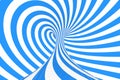 Swirl optical 3D illusion raster illustration. Contrast blue and white spiral stripes. Geometric winter torus image with lines.