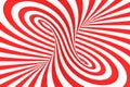 Swirl optical 3D illusion raster illustration. Contrast red and white spiral stripes. Geometric torus image with lines, loops.