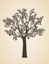 Swirl tree art concept. Brown logo. Engraving Logotype