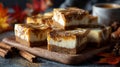 Swirled Pumpkin Cheesecake Bars on Wooden Board Royalty Free Stock Photo