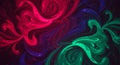 Swirling abstract patterns blend vibrant reds, greens, and blues with fluid, marbled
