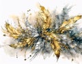 A swirling arrangement of golden and silver feathers, creating a luxurious and abstract artwork