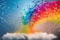 swirling cloud of colorful confetti, with a rainbow in the background