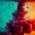 Swirling clouds of ink diffuse in liquid, creating a dynamic blend of colors. On the left,