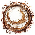 Swirling coffe splash in shape of a circle isolated on white background. Generative ai