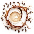 Swirling coffe splash in shape of a circle isolated on white background. Generative ai