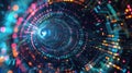 Swirling data patterns in neon glow, symbolizing neural network flow on a dark background. Big data visualization