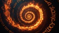 Swirling flames with glowing text create a mesmerizing spiral