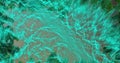 Swirling glowing teal particles forming rippling mesh waves in dark digital space, visualizing data Royalty Free Stock Photo