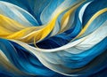 Swirling and intersecting lines in shades of blue, yellow and white create a moody blue atmosphere