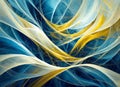 Swirling and intersecting lines in shades of blue, yellow and white create a moody blue atmosphere