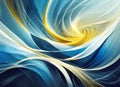 Swirling and intersecting lines in shades of blue, yellow and white create a moody blue atmosphere