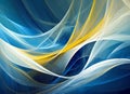 Swirling and intersecting lines in shades of blue, yellow and white create a moody blue atmosphere