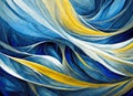 Swirling and intersecting lines in shades of blue, yellow and white create a moody blue atmosphere