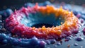 Swirling multicolored droplets form a perfect ring, dynamic, wet