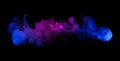 Swirling neon blue and purple multicolored smoke puff cloud design element isolated on black
