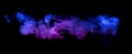 Swirling neon blue and purple multicolored smoke puff cloud design element isolated on black