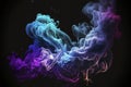 Swirling neon blue and purple multicolored smoke puff cloud design element isolated on black background - ai