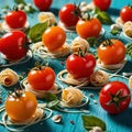 Swirling pasta twists with cherry tomatoes, dynamic food photography