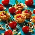 Swirling pasta twists with cherry tomatoes, dynamic food photography