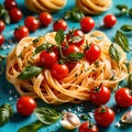 Swirling pasta twists with cherry tomatoes, dynamic food photography