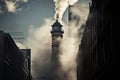 Swirling Smoke Emerges Dramatically From Towering City Chimney. Generative AI