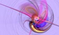 Swirling trail with circles and strings in rainbow colors on lavender background.