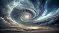 A swirling vortex of clouds above a desolate, windswept plain, a celestial spiral revealing a radiant light at its core, a Royalty Free Stock Photo