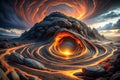 A swirling vortex of molten fire flows from a volcanic peak beneath a fiery, dramatic sky. Generative AI Royalty Free Stock Photo