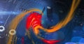 Swirling vortex of red-orange light beams twisting through digital circuitry capacitors microchips Royalty Free Stock Photo