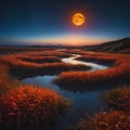 Swirling winding river in meadow lit by warm moonlight Royalty Free Stock Photo