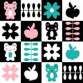 Swiss aesthetic seamless pattern with frogs and apples. Geometric retro print for T-shirt, poster, textile and fabric. Cute vector