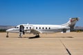 Swiss Air Force Beechcraft 1900 passenger aircraft on the tarmac of Zaragoza Air Base. Zaragoza, Spain - May 20, 2016