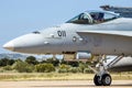 Swiss Air Force F-18 Hornet fighter jet taxiing after landing on Zaragoza Air Base. Zaragoza, Spain - May 20, 2016 Royalty Free Stock Photo