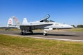 Swiss Air Force McDonnell Douglas FA-18 Hornet fighter jet plane in flight above Kleine-Brogel Airbase. September 8, 2018 Royalty Free Stock Photo