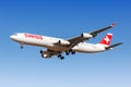 Swiss Airbus A340-300 airplane Palma de Mallorca airport in Spain Royalty Free Stock Photo