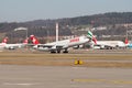 Swiss Airbus A340-313 plane departing from Zurich in Switzerland Royalty Free Stock Photo