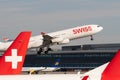 Swiss Airbus A340-313 plane departing from Zurich in Switzerland Royalty Free Stock Photo