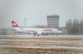 Swiss airlines aircraft taxiing after landing in Boryspil international airport Royalty Free Stock Photo