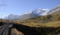 Swiss alps: The Bernina railway tracks since 110 years connecting Engadin and Tirano in Italy Royalty Free Stock Photo