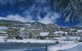 Swiss alps: The frozen Lake of St. Moritz with the Carlton Hotel above the train station Royalty Free Stock Photo