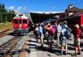 Swiss alps: Hikers at the train station in Pontresina in the upper Engadin
